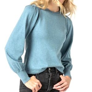 LILLA P Puff Sleeve Cotton & Cashmere Blue Sweater